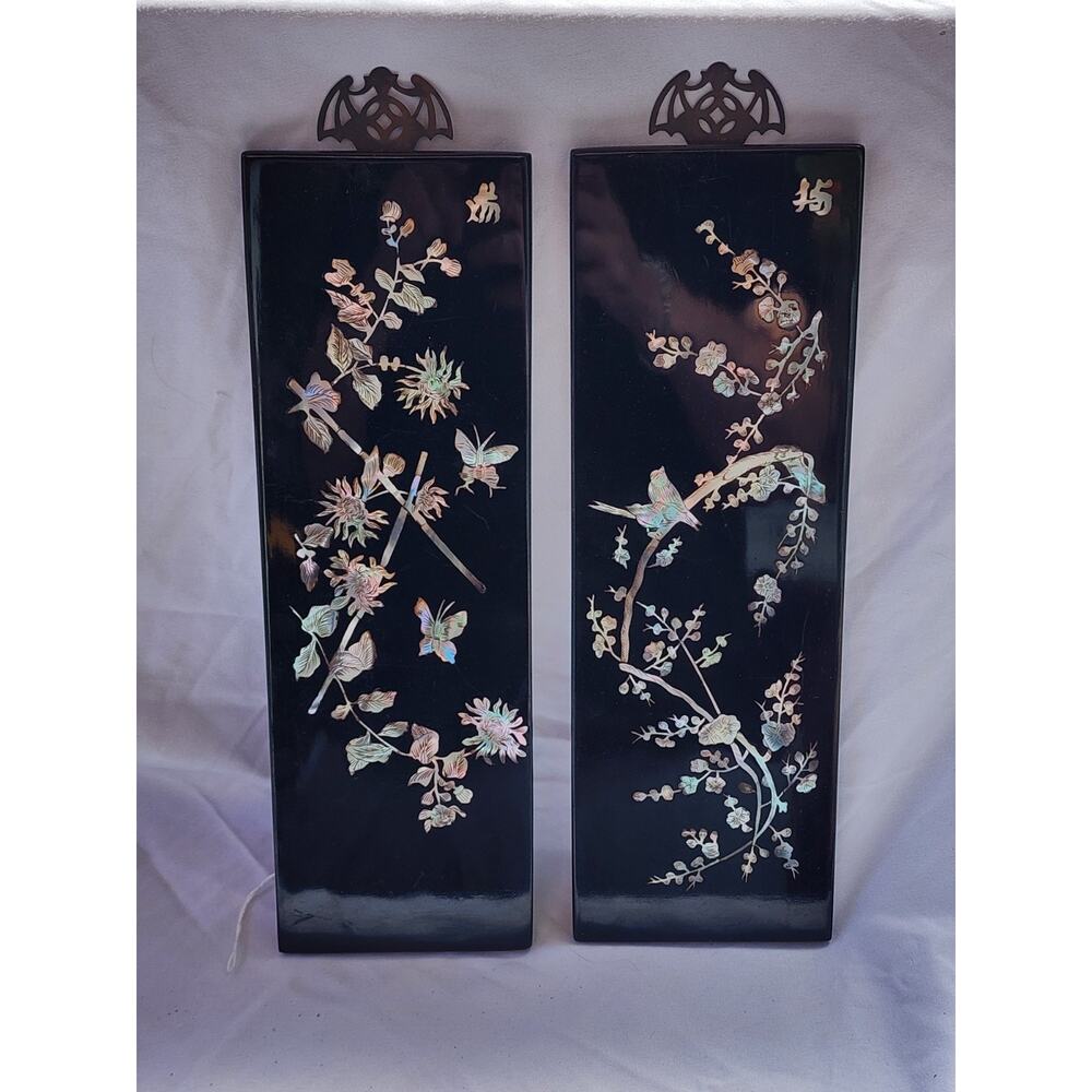 MCM Chinese Black Lacquer Mother of Pearl Inlaid Motif 4-Season Wall Art